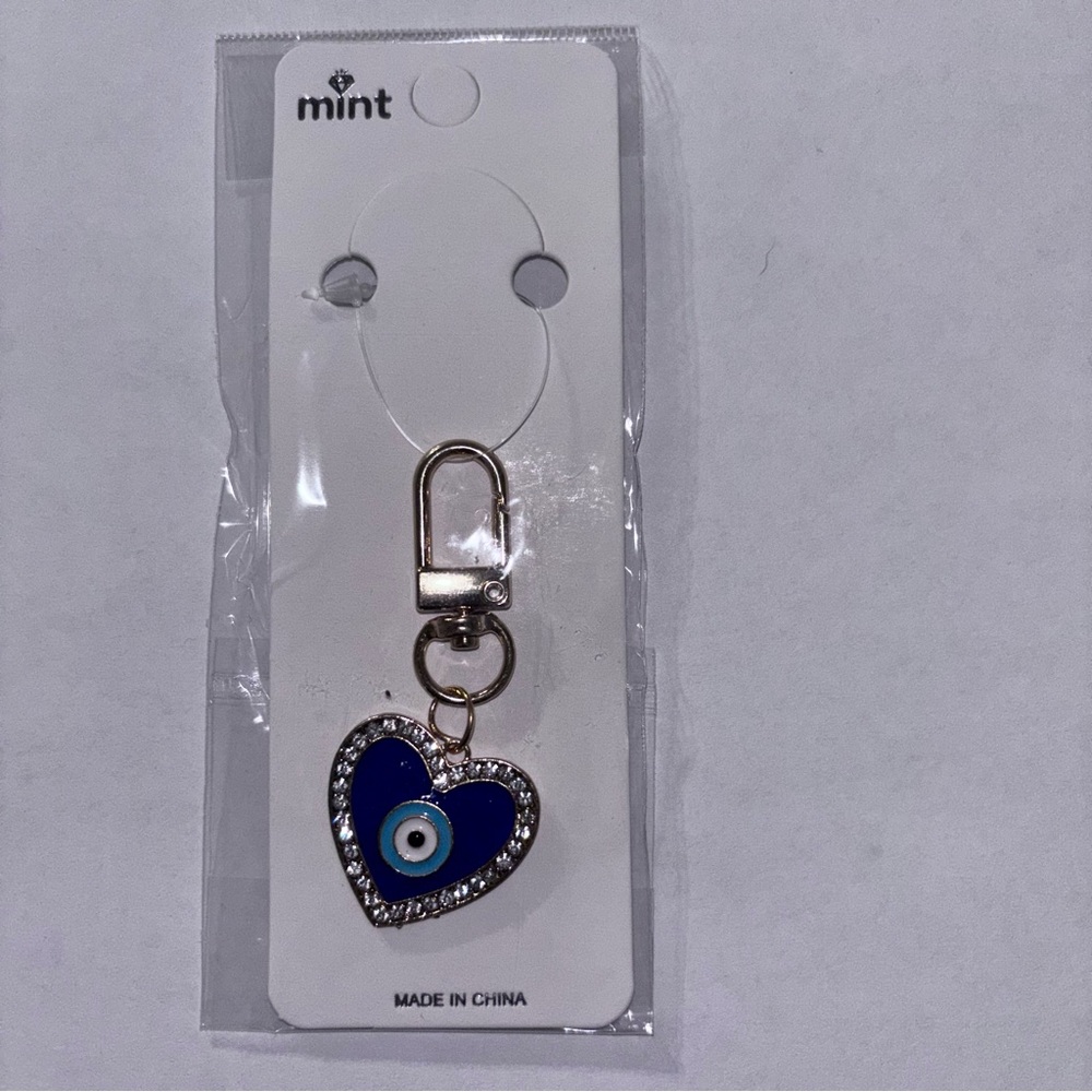 Mint Blue Heart Keychain with Evil Eye